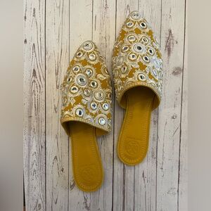 Tory Burch Yellow Embroidered Mules, Size 8